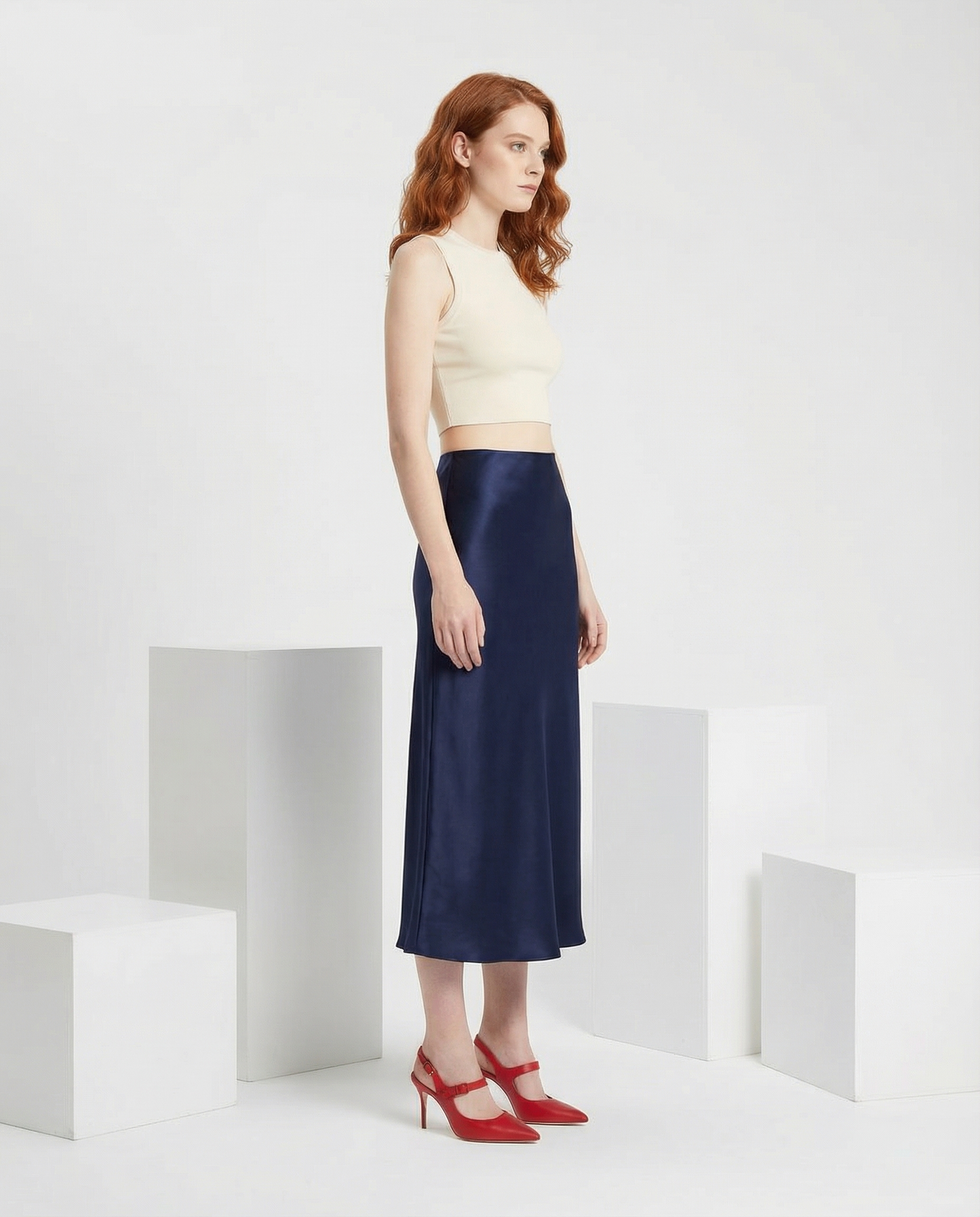 Elegant Slim-Fit Satin Midi Skirt