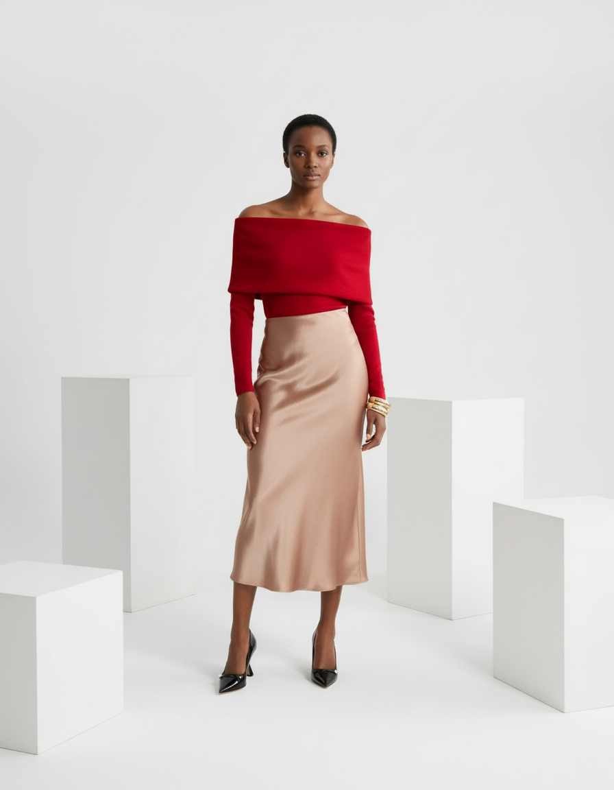 Elegant Slim-Fit Satin Midi Skirt