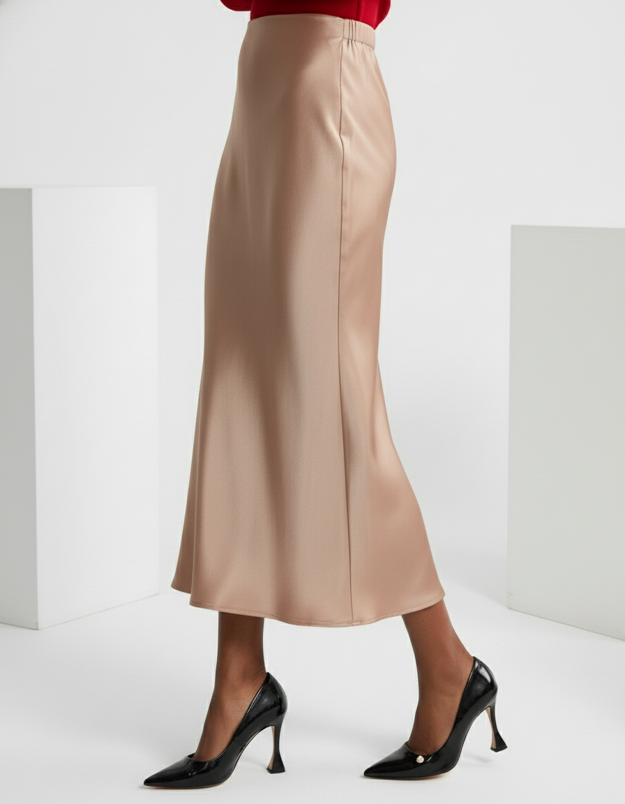 Elegant Slim-Fit Satin Midi Skirt