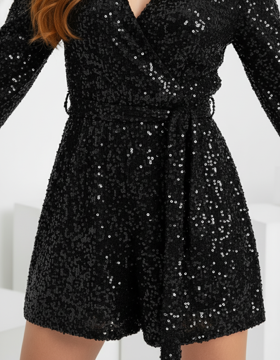 Sequin V-Neck Velvet Wrap Romper