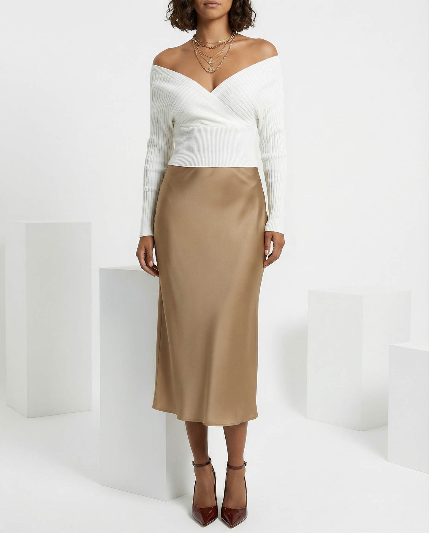 Off-Shoulder Wrap Ribbed Knit Sweater Top